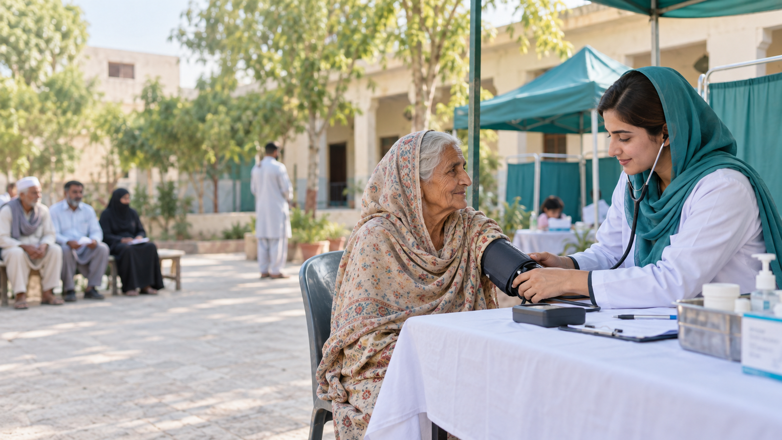 Healthcare worker checking an elderly woman's blood pressure at a medical camp